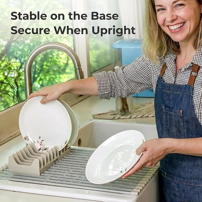 Medium Aluminum Roll Up Dish Drying Rack (17" x 13") - Fits Sinks up to 16 Inches, Heavy Duty Square Bar, Rust-Proof & Heat Resistant with Removable Dish Holder (Beige Medium)