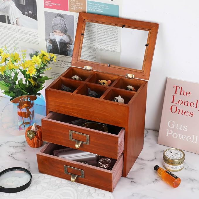 Small Wooden Drawers Wooden Box with Drawer Brown | 2 Drawer Storage Box for Apothecary Cabinet, Apothecary Drawers，Desktop Organizer with Metal Handles for Office，Home