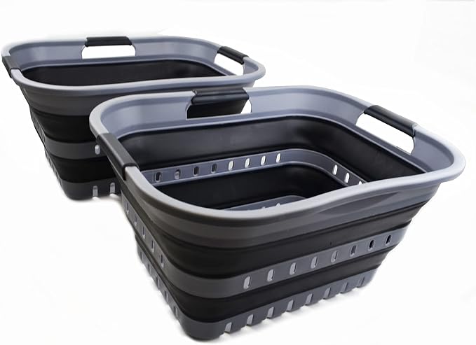 SAMMART Set of 2-30L (8 gallon) Collapsible Plastic Laundry Basket - Foldable Pop Up Storage Container/Organizer - Space Saving Hamper/Basket (2, Grey/Black)
