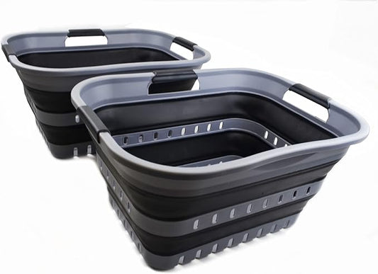 SAMMART Set of 2-30L (8 gallon) Collapsible Plastic Laundry Basket - Foldable Pop Up Storage Container/Organizer - Space Saving Hamper/Basket (2, Grey/Black)