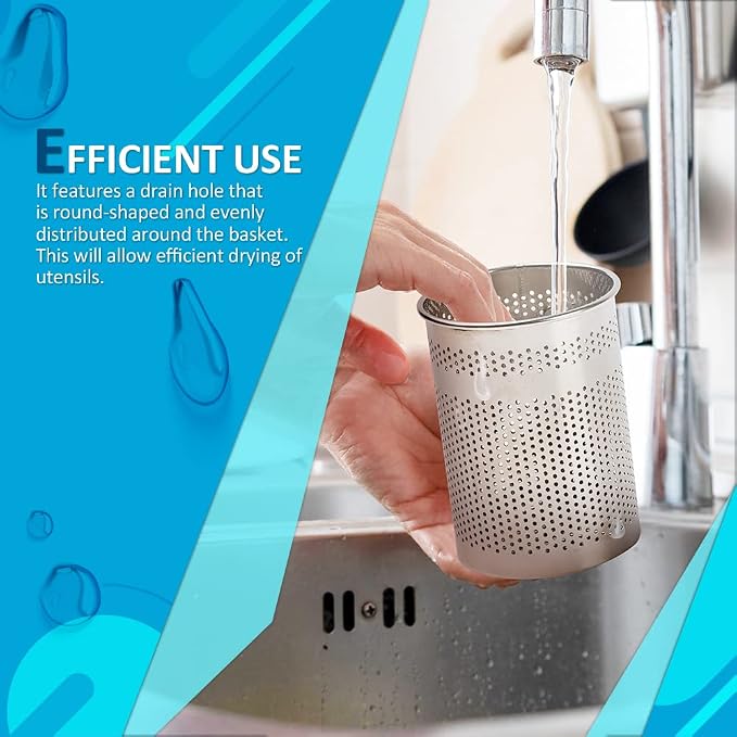 HOME&I Silverware Drying Basket for Dish Rack, Compact SUS 304 Stainless Steel Hanging Utensil Holder, Round Cutlery Caddy for Kitchen Sink & Countertop