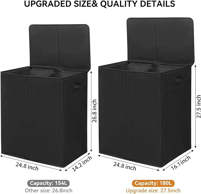 WOWLIVE 180L Double Laundry Hamper 2 Section with Lid and Removable Bags | Divided Laundry Basket, Large Dirty Clothes Hamper with Handle, Collapsible Laundry Storage for Dorm Room, College, Black