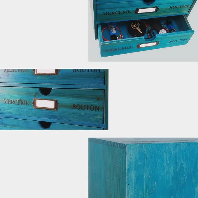 Large Wooden Drawers Wooden Box with Drawer Blue | 4 Drawer Storage Box for Apothecary Cabinet, Apothecary Drawers，Desktop Organizer with Metal Handles for Office，Home