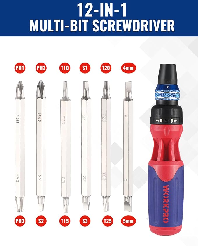 WORKPRO 12-in-1 Ratcheting Multi-Bit Screwdriver Set | Quick-load Mechanism Screwdriver with Double End Bits in Handle