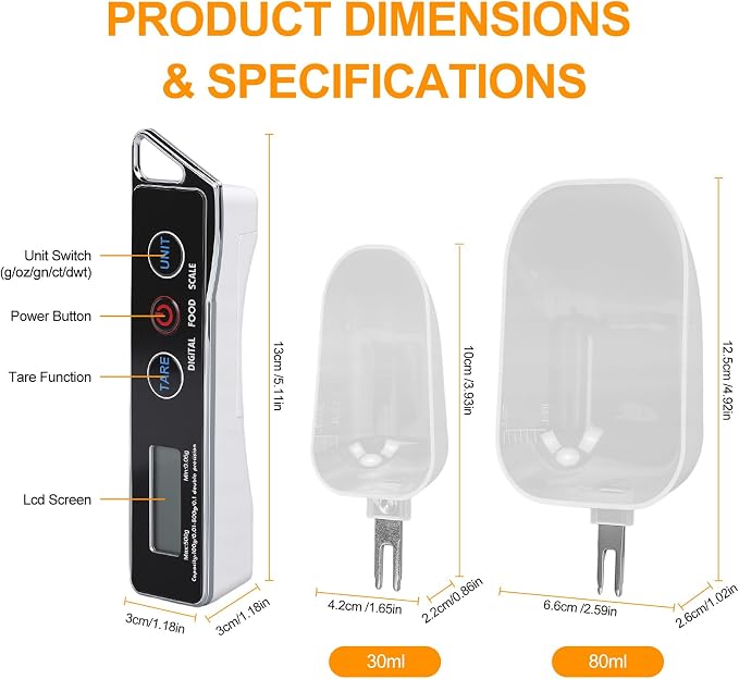 Dioche Digital Measuring Spoon Scale, High Precision 0.05g to 500g Capacity, with 30ml & 80ml Detachable Spoons, Tare Function & Unit Conversion for Baking, Cooking, Pet Food, Kitchen - Black