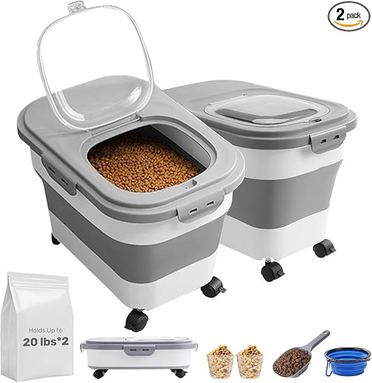SEWIU Dog Food Storage Container Up to 2pack*20LB,Collapsible Dog Food Container with Travel Silicone Bowl and Scoop for Dog/Cat/Bird Food/Cat litter,Keep Dry Food Fresh,Easy to Move.