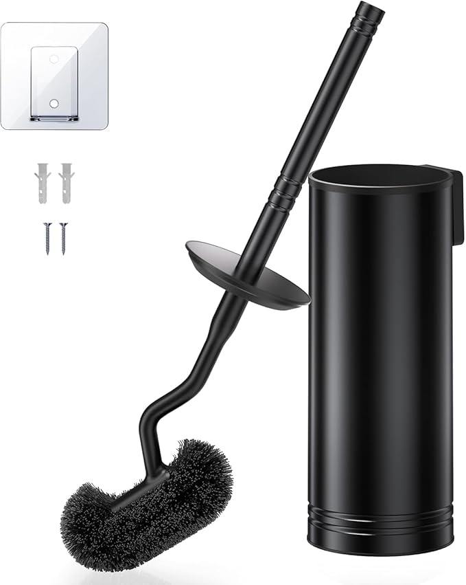 HAMITOR Toilet Brush and Holder Set: Stainless Steel Heavy Duty Bowl Cleaner Brush - Deep Cleaning Under Rim Curved Bristle - Space Saving Wall-Mounted for Home RV Bathroom Accessories Black 1 Pack