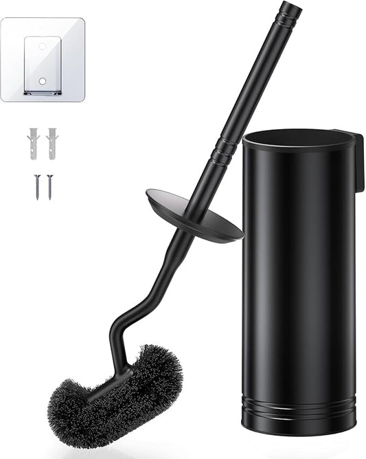 HAMITOR Toilet Brush and Holder Set: Stainless Steel Heavy Duty Bowl Cleaner Brush - Deep Cleaning Under Rim Curved Bristle - Space Saving Wall-Mounted for Home RV Bathroom Accessories Black 1 Pack