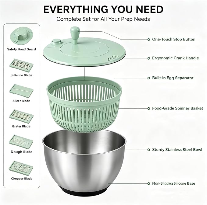 3 in 1 Salad Spinner with Mandoline Slicer, All in One Slicer Bowl, Multifunctional Salad Spinner Small Stainless Steel, Vegetables Wash Bowl, Fruits & Lettuce Dryer with 5 Blade (White)