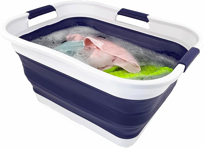SAMMART 30L (8 gallons) Collapsible Plastic Laundry Washing Tub/Basket-Portable Pop Up Storage Container/Organizer-Foldable Laundry Hamper-Space Saving (1, White/Navy Blue)