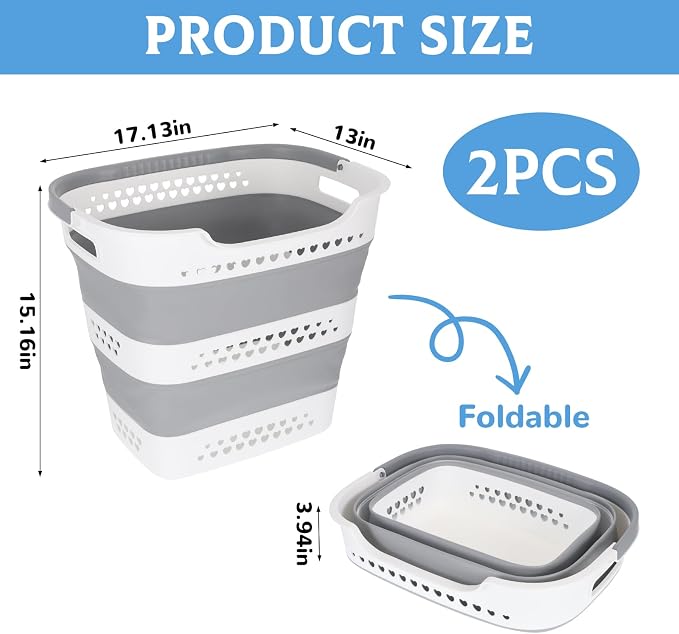 2 Pcs Collapsible Laundry Baskets for Clothes, 43L Plastic Laundry Hamper for Dorm Bedroom, Space Saving Pop-Up Laundry Hamper Container, Durable Foldable Laundry Basket with Handles (Grey-White)