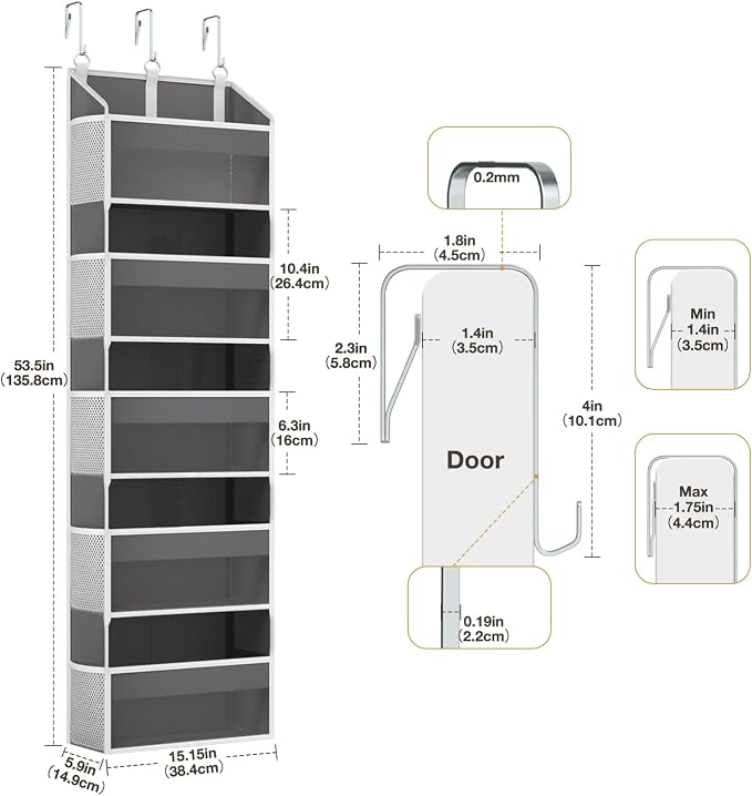 Over the Door Organizer with 5 Front & 10 MeshSide Pockets, 50LB Capacity Extra Large Nursery & Bathroom Hanging Storage Organizer Multi-Room Space-Saving Designwith 3 Hook for Kitchen, Pantry,Grey