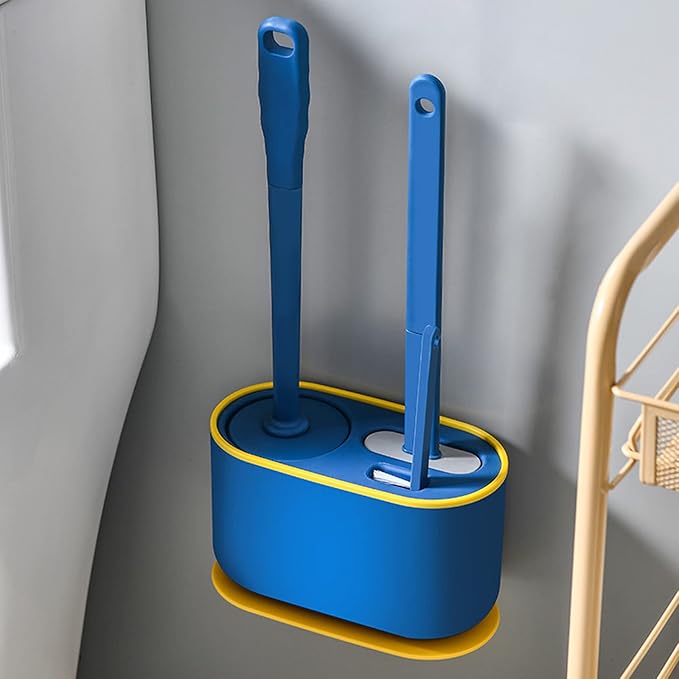 Toilet Brush and Holder Set 3 in 1 (Round Silicone Brush + Flat Silicone Brush + Slit Brush) Toilet Bowl Brush Clean Every Corner of The Toilet, Compact Size Toilet Brushes (Blue)