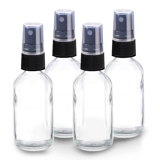 Wedama 4 oz Mini Glass Spray Bottles, Empty Small Spray Bottles with Funnel Dropper, Fine Mist for Hair, Travel, Plants, Cleaning Solutions and Skin Care (4 Pack Clear)