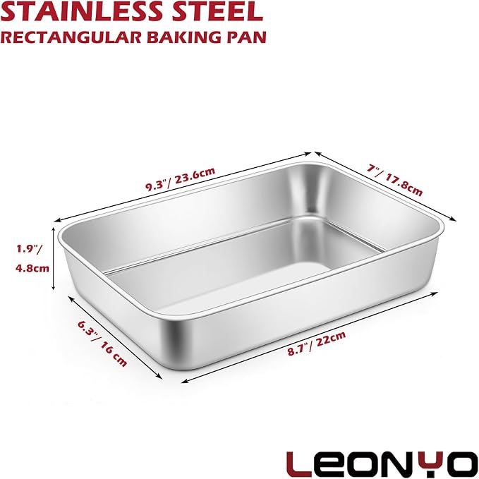 Leonyo 9.3 x 7 Inch Bakeware Cake Pan Set of 6, 2 Inch Deep Lasagna Pan, Rectangle Stainless Steel Baking Tray Sheets for Baking Commercial Kitchen, Focaccia Bread, Casserole Dish