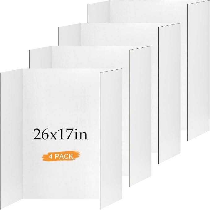 Small Trifold Poster Board 26" x 17", White Science Fair Display Boards | 4 Pack, Thickened Corrugated Cardboard, Portable, for School Projects and Event Displays