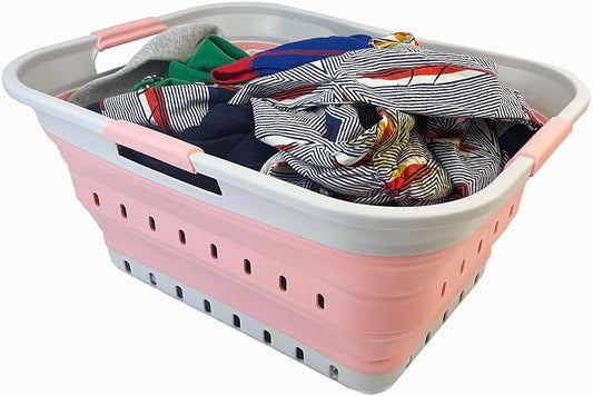 SAMMART 42L (11 gallon) Collapsible Plastic Laundry Basket - Foldable Pop Up Storage Container/Organizer - Space Saving Hamper/Basket (Grey/Quartz Pink)