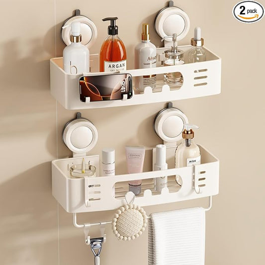Voldra Shower Caddy Suction Cup, Shower Shelves for Inside Shower No Drilling, Aluminum Suction Showers Organizer for Wall with Towel Bar & Hooks Removable Bathroom Storage Rack (2 Pack-Cream White)