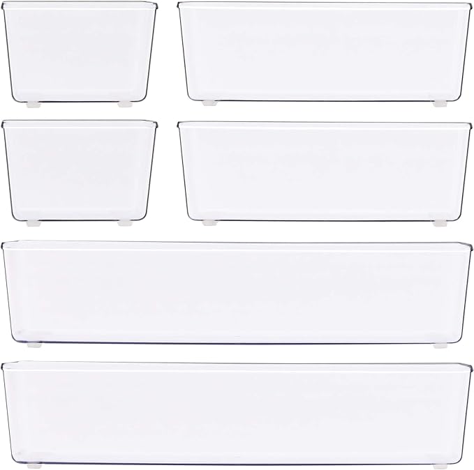 Simple Houseware Clear Desk Drawer Organizer, Assorted Sizes, 6 Packs | For Desk, Office, Bathroom, Makeup, and Craft Storage