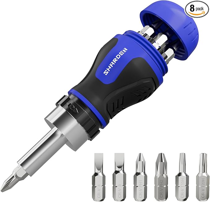 8 in 1 Stubby Ratcheting Screwdriver Multi Short Screw Driver Set | 6 CRV Bits Phillips, Slotted, Torx, Portable All-in-One Repair Tool Kit for Home DIY Tables, Doors, Chairs, Portable Tools