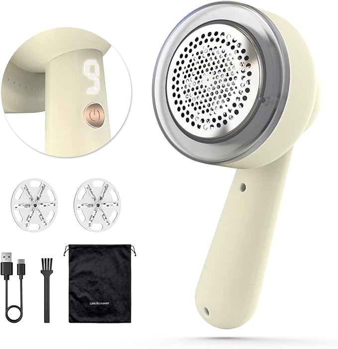 Fabric Shaver Lint Remover Rechargeable, Clothes Shaver Pill Remover with 6-Leaf Blades LED Digital Display 3-Gears Adjustable for Clothing Couch Furniture, Cream White
