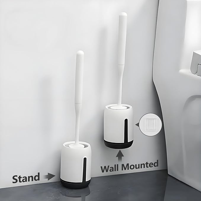 Silicone Toilet Brush Set for Bathroom Cleaner Brush Set,Non-Slip Handle with TPR Soft Bristle,Wall Mounted/Floor Standing,Toilet Scrubber Brush White and Turbo Drying