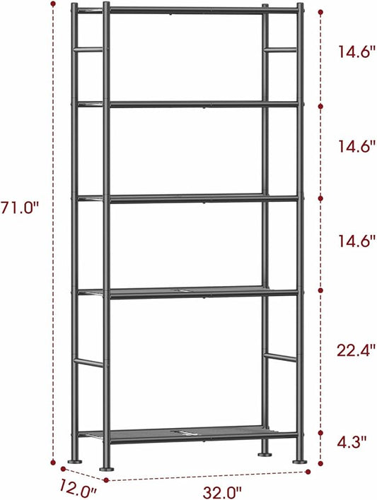 Sakugi Storage Shelves - 5 Tier Shelf Organizer, Sturdy Metal Garage Shelving with Adjustable Leveling Feet, Space-Saving Shelves Organizer for Pantry, Laundry, Kitchen (32" x 12" x 71", Black)