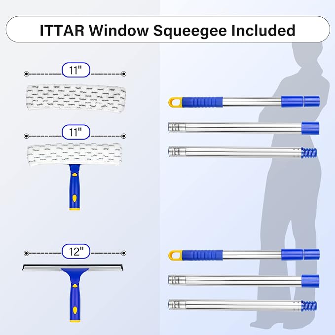 ITTAR Window Squeegee with 2 Sets Separate Pole, 12" Rubber Squeegee and 11" Microfiber Pads, 60"-73.6" Telescopic Window Cleaning Kit with Rotating Head for High Windows, Shower Glass, Car Windshield