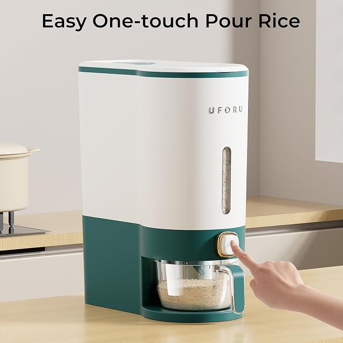 UFORU Rice Dispenser, Rice Storage Container with Measuring Cup for Kitchen Pantry Household, Dry Food Storage Containers Airtight, Sealed Moisture Proof (Green 13 Lbs)