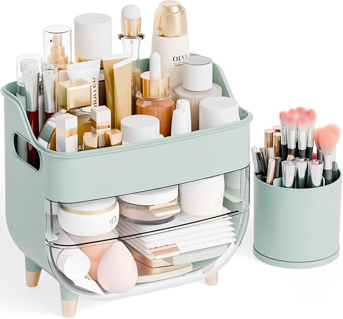 Yieach Countertop Makeup Organizers with Drawers,Handle and Make up Brush Holder,Large Makeup Skincare Organizer for Bathroom Vanity,Cosmetic Display Cases for Hair Tool,Lotion,Skin Care Storage,Green