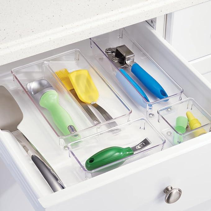 iDesign Linus Plastic Kitchen Drawer Organizer for Silverware, Spatulas, Cutlery, Gadgets, Office Supplies, Cosmetics, 4" x 4" x 3", Set of 2, Clear | Storage for Kitchen, Storage for Bathroom, Storage for Desk Drawers