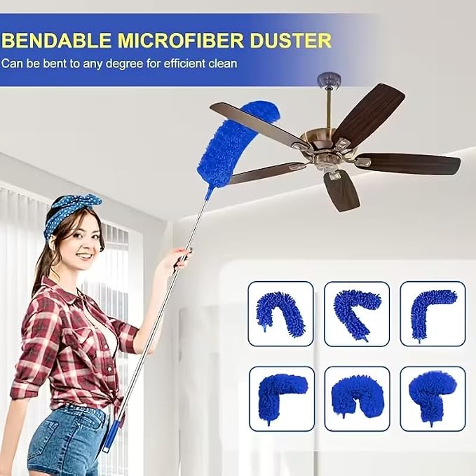 Microfiber Duster, 8PCS Feather Duster with 100 Inch Telescoping Extension Pole, Reusable Bendable Dusters, Washable Lightweight Dusters for High Ceiling, Fan, Blinds, Window, Corners, Blue