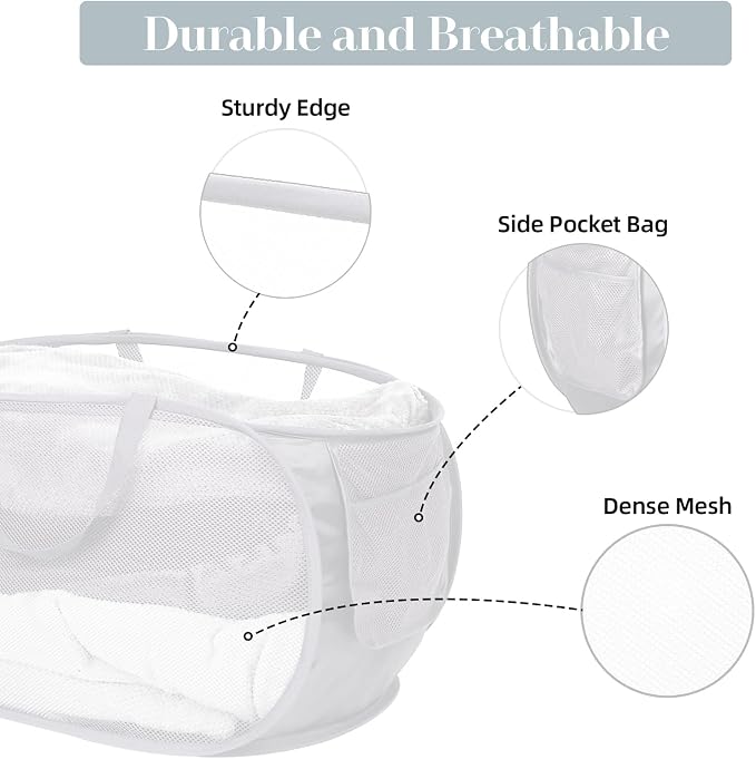 4 Pack Collapsible Laundry Baskets, Foldable Laundry Basket with Pocket, Durable Mesh Pop Up Hampers, Reinforced Handles Dirty Clothes Hamper for Laundry, Bedroom, Bathroom, Dorm, Travel or Camping