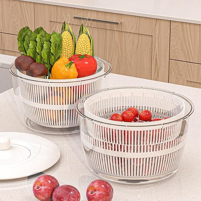 Manual Salad Spinner 5L Large, Rotary Handle Lettuce Spinner for Washing and Drying Salad Greens, Vegetable Washer and Fruit Dryer, 3-in-1 Colander & Serving Bowl | hand crank manual herb spinner salad tosser drainer bpa free kitchen gadgets healthy co...