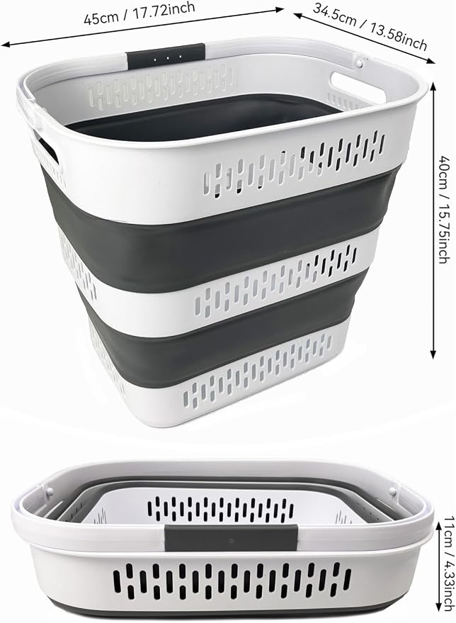 SAMMART 40L (10.5 Gallon) Collapsible Plastic Laundry Basket with Handles - Foldable Pop Up Storage Container/Organizer - Portable Laundry Hamper - Space Saving (1, White/Steel Grey)