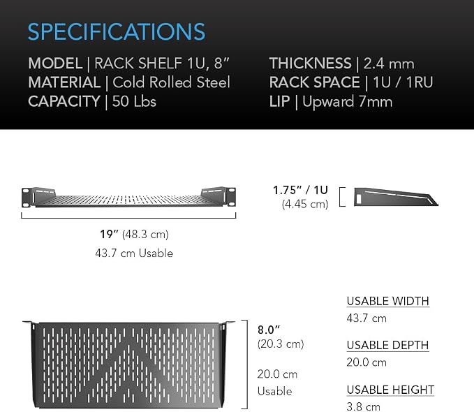AC Infinity Vented Cantilever 1U Universal Rack Shelf, 8" Deep, for 19" Equipment Racks. Heavy-Duty 2.4mm Cold Rolled Steel, 50lbs Capacity