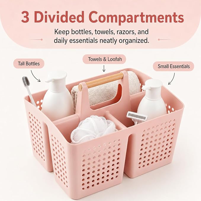 Portable Shower Caddy Basket with Wood Handle, 3-Compartment Bathroom Organizer Tote with Drain Holes, Plastic Shower Basket for Dorm, Toiletries, Cleaning Supplies, Pink