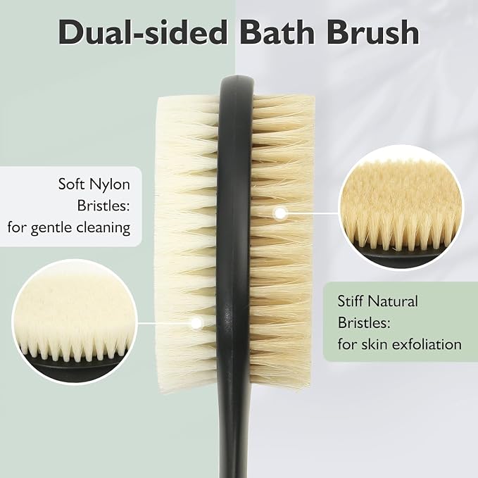 Back Scrubber for Shower, Anti-Slip Long Handle Shower Brush with Soft & Stiff Bristles, Body Exfoliator for Shower, Bath, or Dry Use (Black)