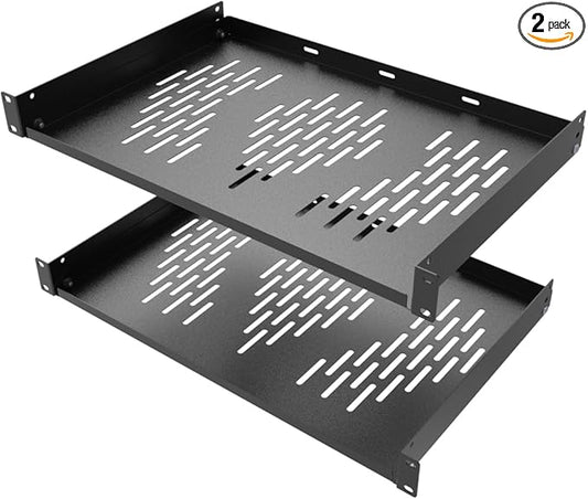 Beiyier 2PCS 1U Server Rack Shelf, Suitable for 19" Network Equipment Racks and Cabinets, Ventilated Cantilever Tray, Depth of 12 inches, Well-Ventilated (Black)