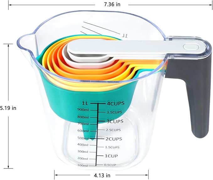 Stackable 10-Piece Measuring Cups and Spoons Set with Lids | Kitchen gadgets for cooking & baking. Includes 10 stackable cups & spoons. Dishwasher-safe. For liquid & dry, multicolor
