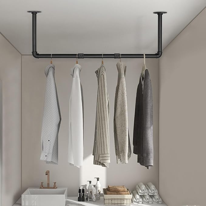 Industrial Iron Pipe Clothes Hanging Bar DIY Wall-Mounted Garment Rack Heavy Duty Clothing Rack for Bedroom, Laundry Room, Closet Storage (Black 36 inch)