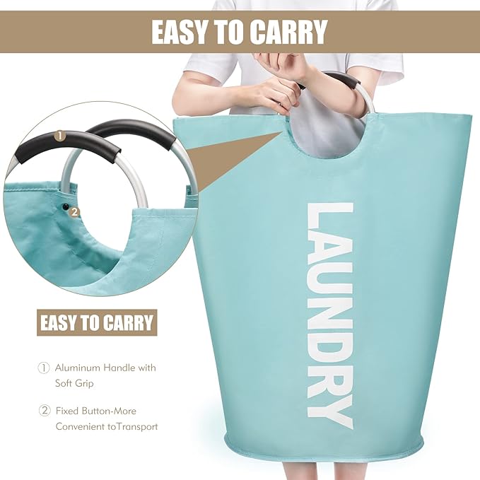 DOKEHOM 90L Large Laundry Basket Bag, Collapsible Tall Hamper, Light Blue | Freestanding tall washing bin & foldable laundry bag. High-capacity clothes storage basket with durable sturdy handles