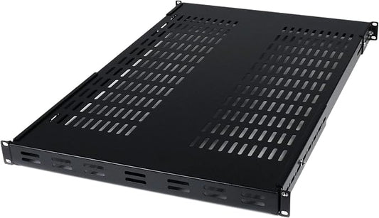 StarTech 1U Adjustable Vented Rack Shelf, 19in, 175lb, TAA (ADJSHELF) | 19.5-38in adjustable mounting depth, 27.5in deep universal tray, SPCC steel, Maximizes airflow