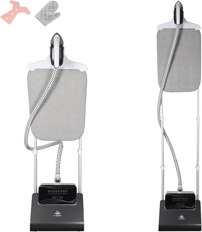 1500W Standing Clothes Steamer with Adjustable Ironing Board, 90 Min Steam Time, 8 Steam Levels, 2.5L Tank - Professional Garment Steamer, dark grey