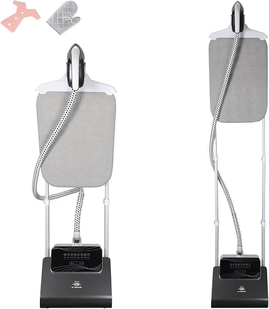 1500W Standing Clothes Steamer with Adjustable Ironing Board, 90 Min Steam Time, 8 Steam Levels, 2.5L Tank - Professional Garment Steamer, dark grey