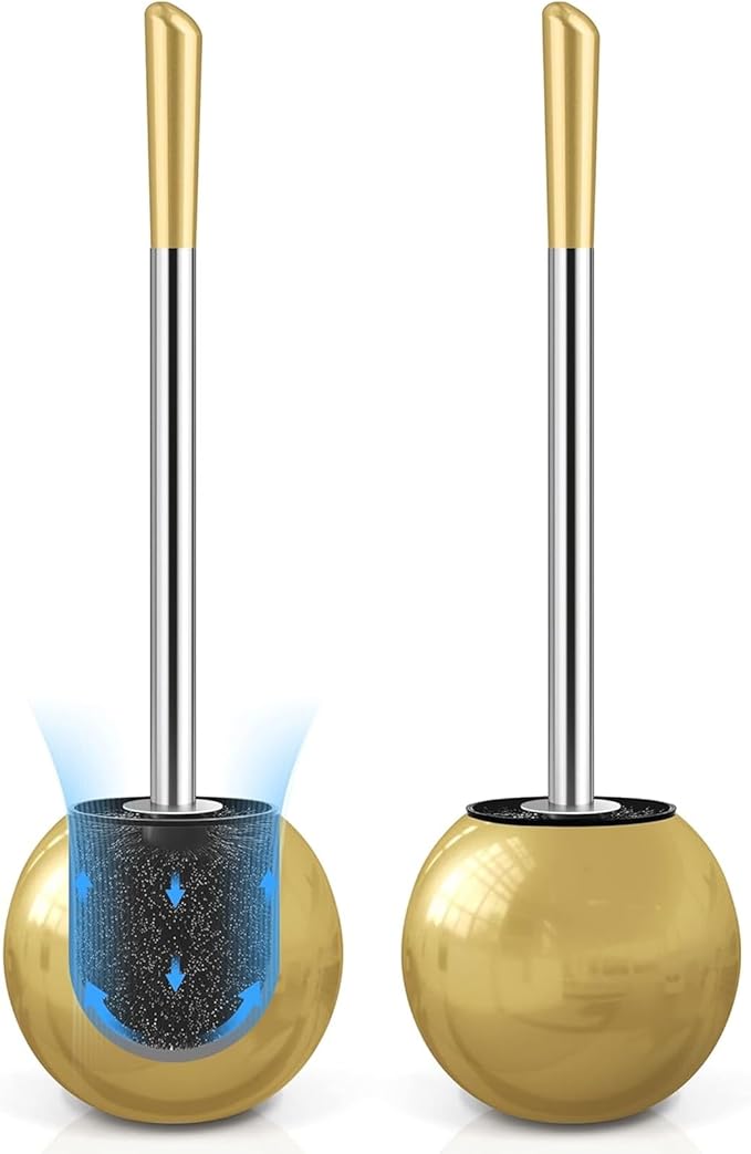 Toilet Brush and Holder 2 Pack, 304 Stainless Steel Toilet Brush with Extended and Durable Comfortable Brush Handle, Toilet Bowl Brush for Bathroom Toilet - Ergonomic, Pratical Durable (Gold)