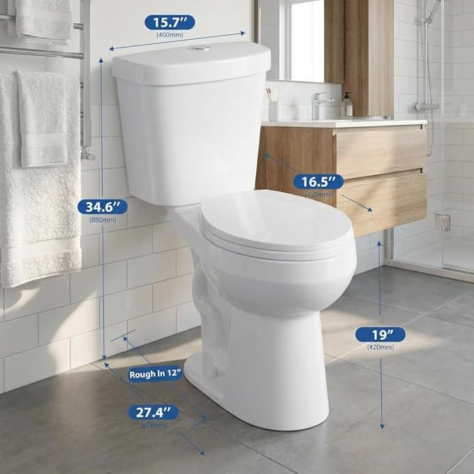 Round Front Two-Piece Toilet, 19" ADA Comfort Height, 1000g MAP Certified Flush System, 12" Rough-In