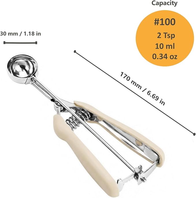 Mini Cookie Scoop, 2Tsp/10ml/0.34oz Cookie Scoops for Baking, 18/8 Stainless Steel Cookie Scooper for Baking, Cookie Dough Scoop with Non-slip Grip (White)