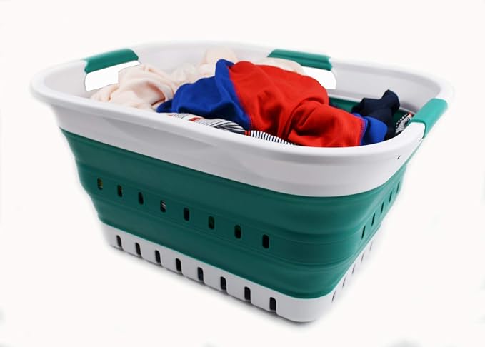 SAMMART Set of 2-30L (8 gallon) Collapsible Plastic Laundry Basket - Foldable Pop Up Storage Container/Organizer - Space Saving Hamper/Basket (2, White/Dark Green)