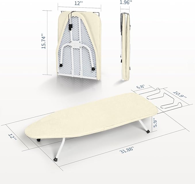 Mini Ironing Board with Iron Rest, Small Iron Board Foldable with Heat Resistant Cover, BlissBoard Tabletop Compact Iron Table for Dorms, Aprtment and Travel, 32"x12", Ivory